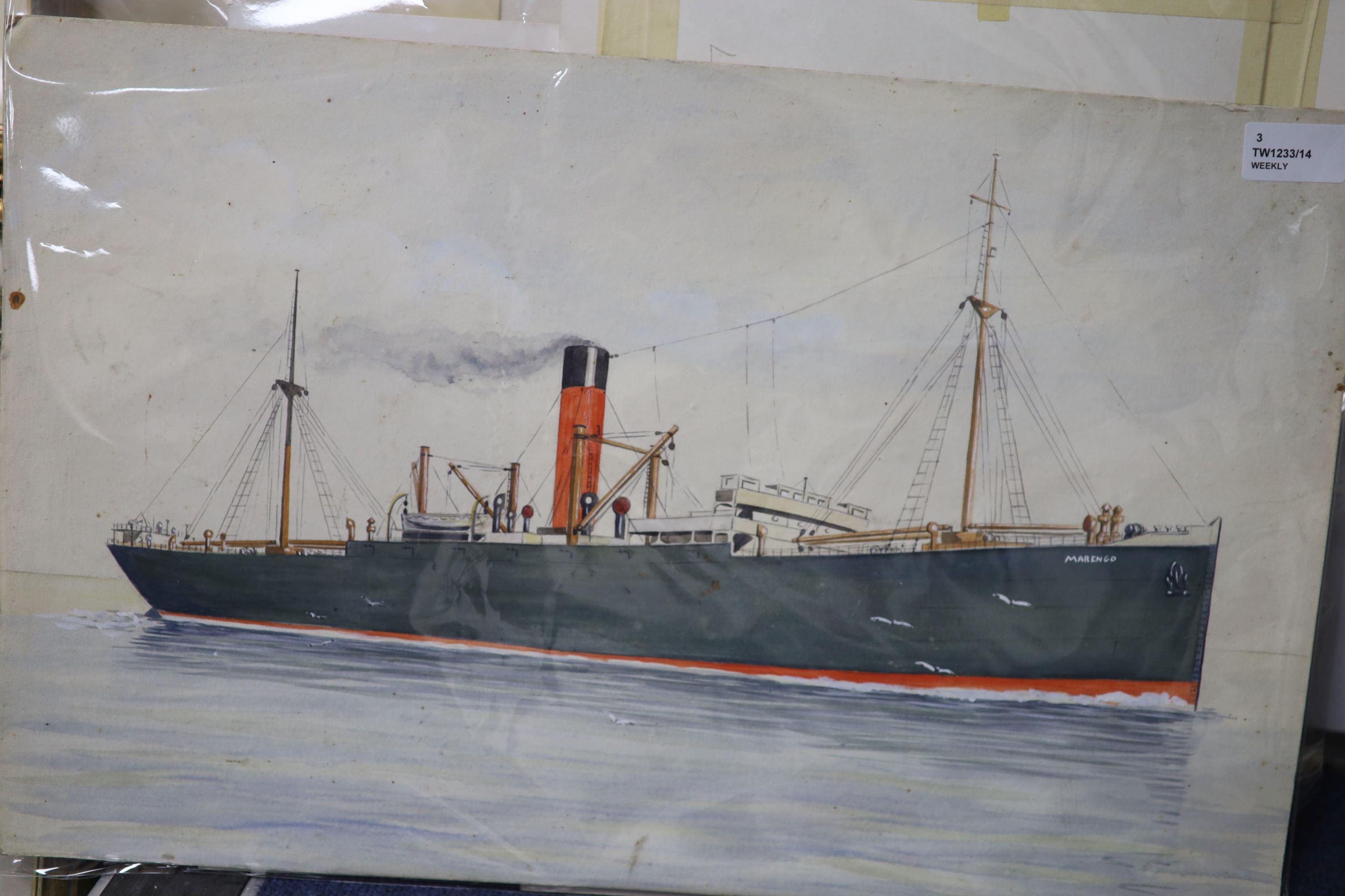 Max Parsons A.R.C.A. (1915-1998), watercolour on card, SS Marengo, signed and dated July 28, 1933, four coastal and marine paintings, unframed, 23.5 x 33cm (Dover) and two other watercolours